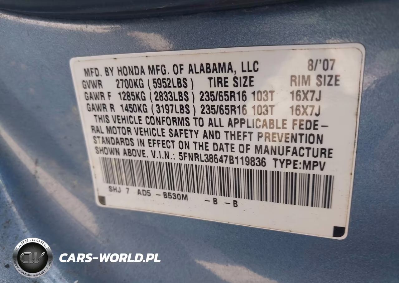 2007 Honda Odyssey Ex-L VIN:5FNRL38647B119836 - 9