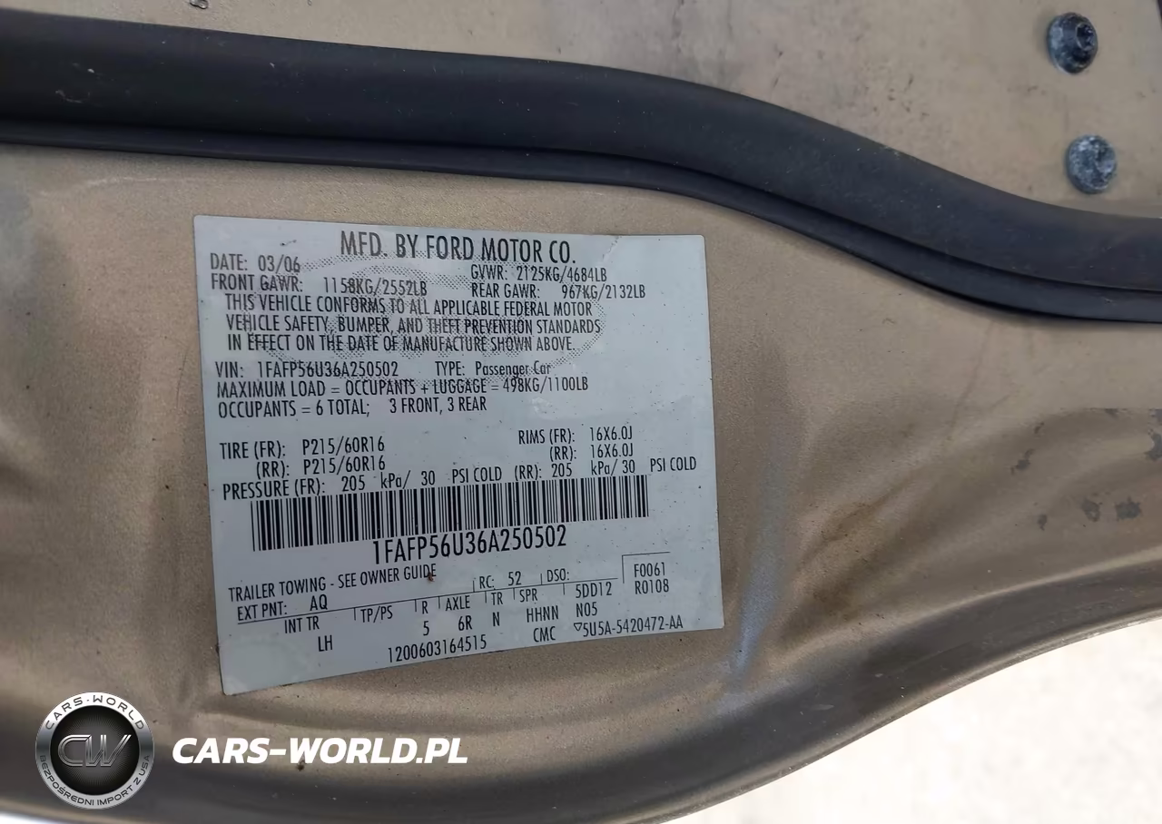 2006 Ford Taurus Sel VIN:1FAFP56U36A250502 - 9