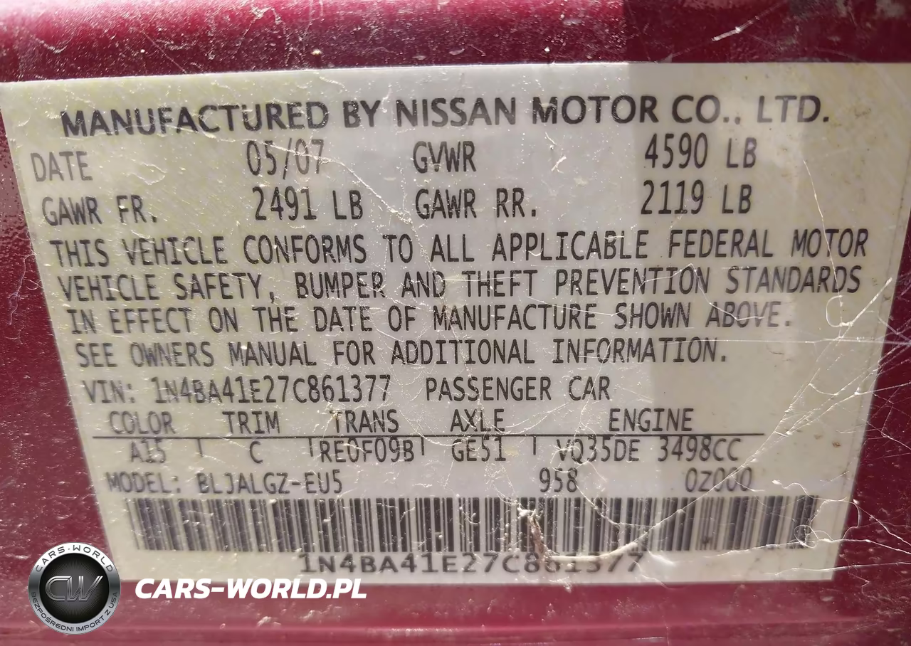 2007 Nissan Maxima 3.5 Sl VIN:1N4BA41E27C861377 - 9