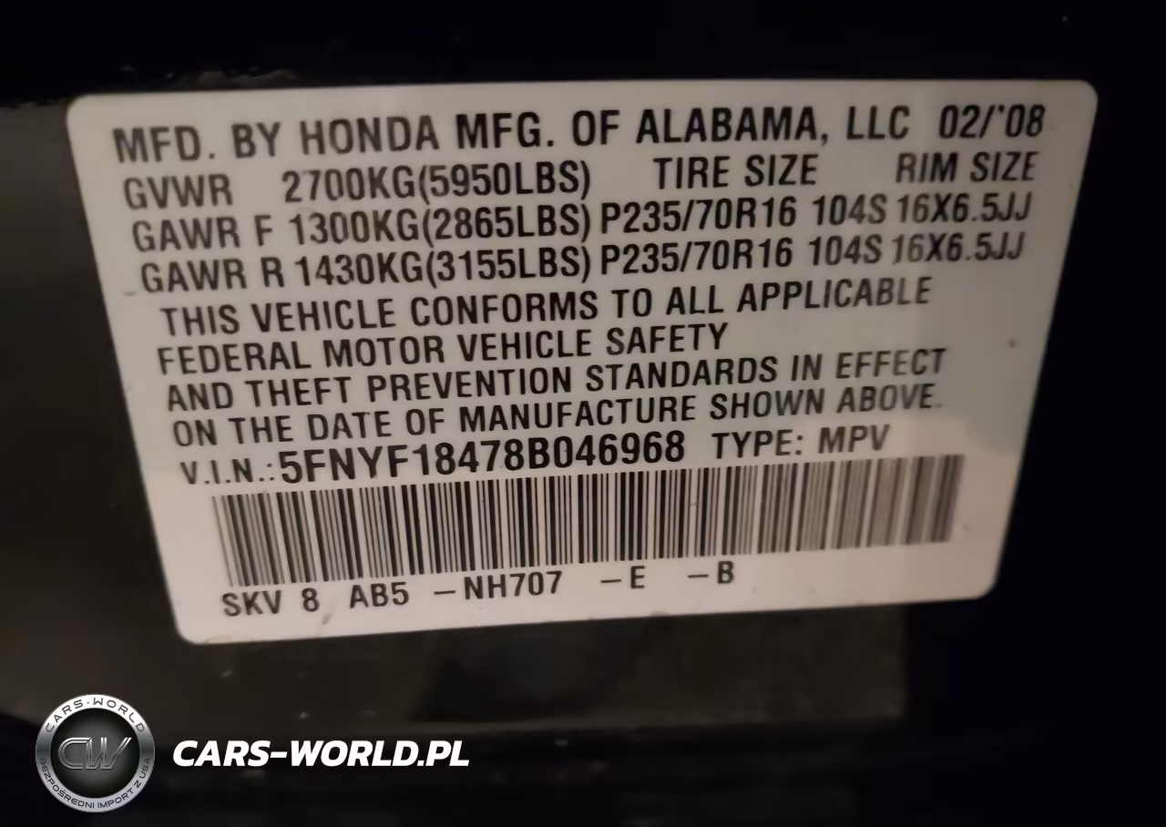 2008 Honda Pilot Ex VIN:5FNYF18478B046968 - 9
