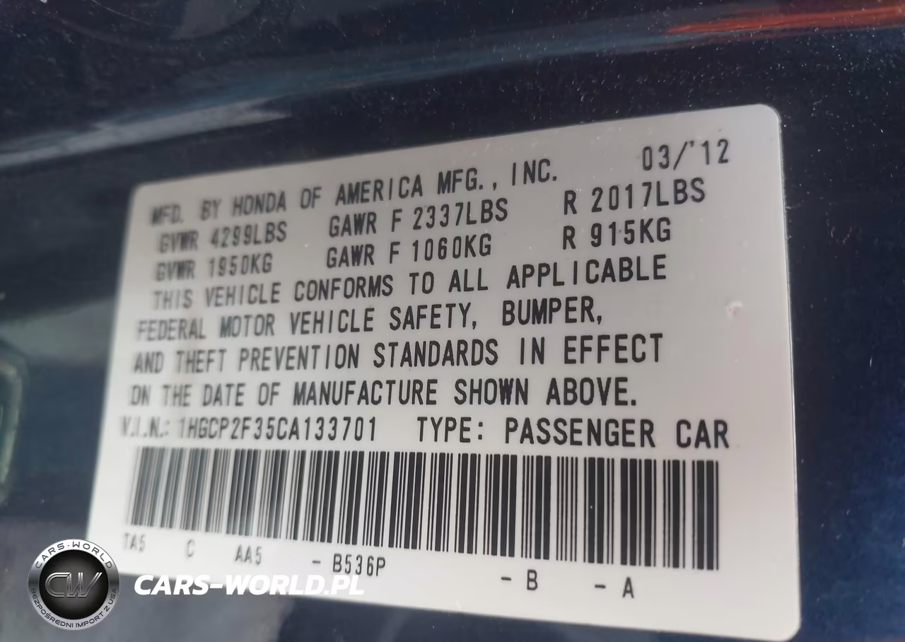 2012 Honda Accord 2.4 Lx VIN:1HGCP2F35CA133701 - 9