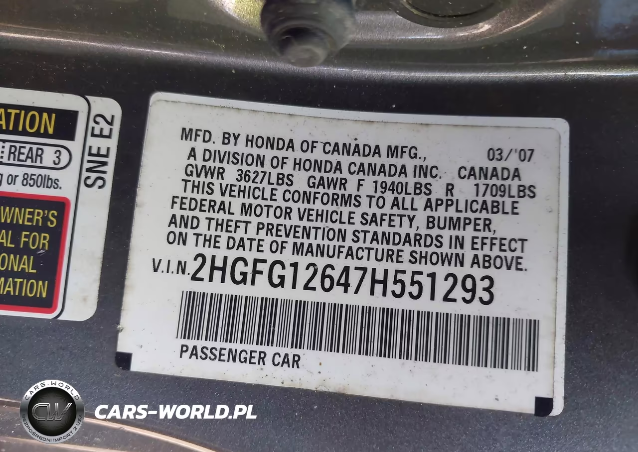 2007 Honda Civic Lx VIN:2HGFG12647H551293 - 9