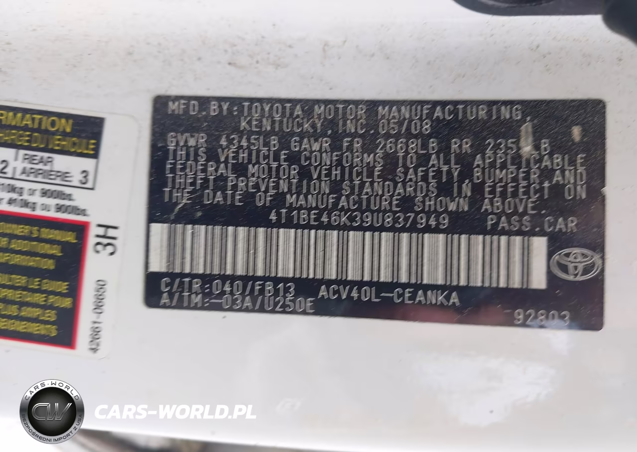2009 Toyota Camry VIN:4T1BE46K39U837949 - 9