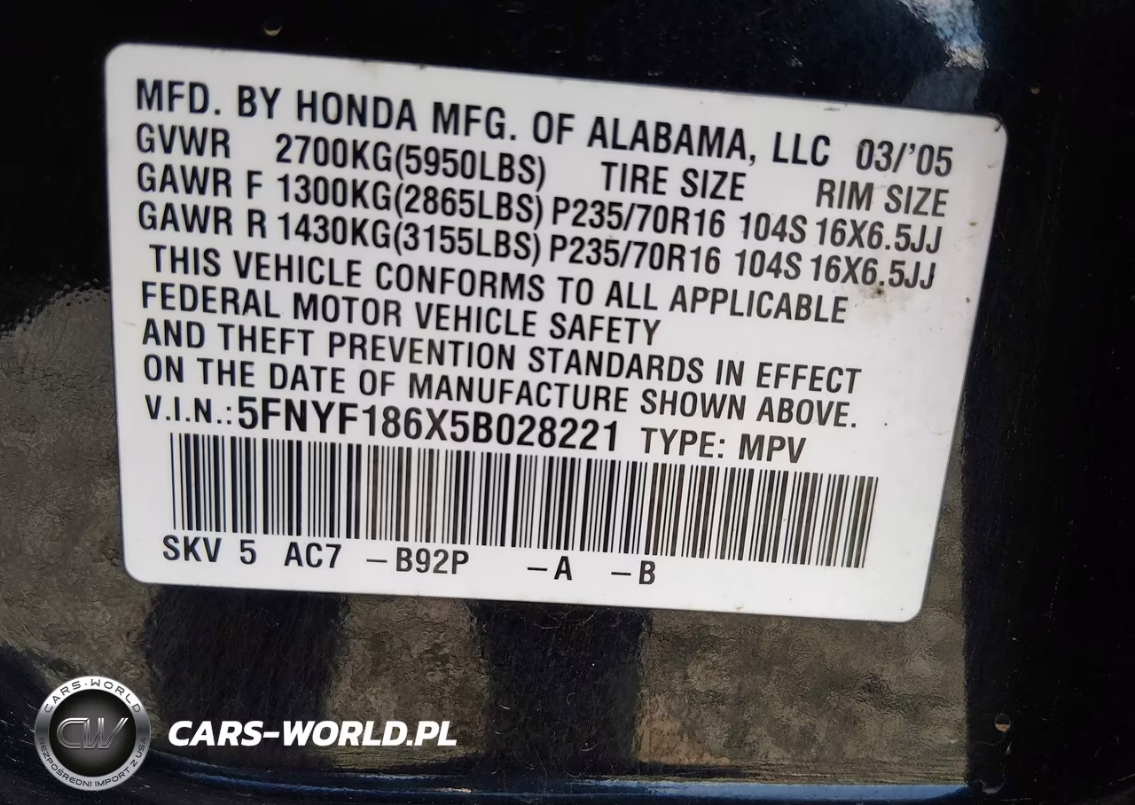 2005 Honda Pilot Ex-L VIN:5FNYF186X5B028221 - 9