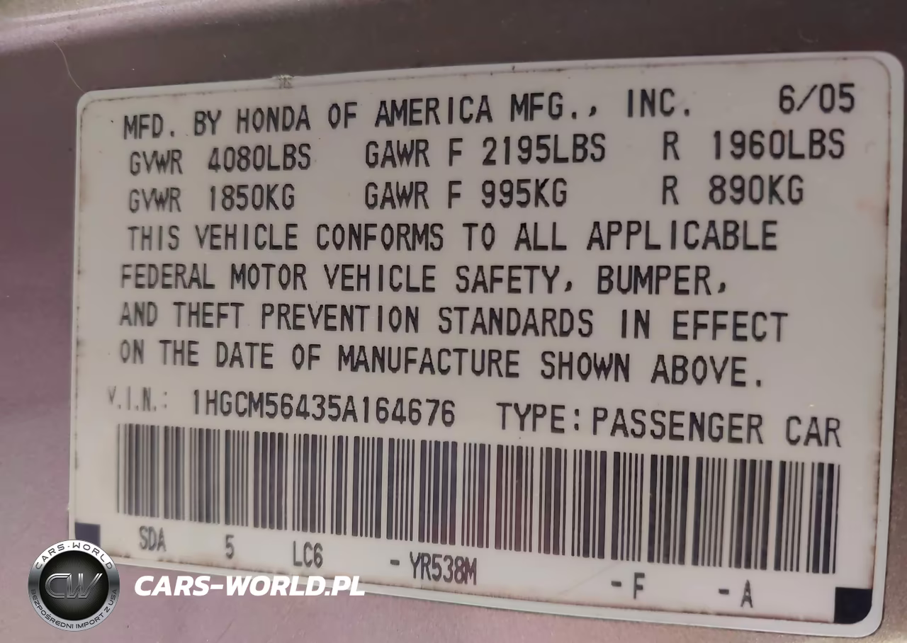 2005 Honda Accord 2.4 Lx VIN:1HGCM56435A164676 - 9