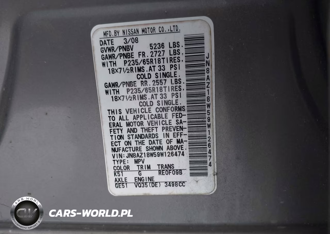 2009 Nissan Murano S VIN:JN8AZ18W59W126474 - 9