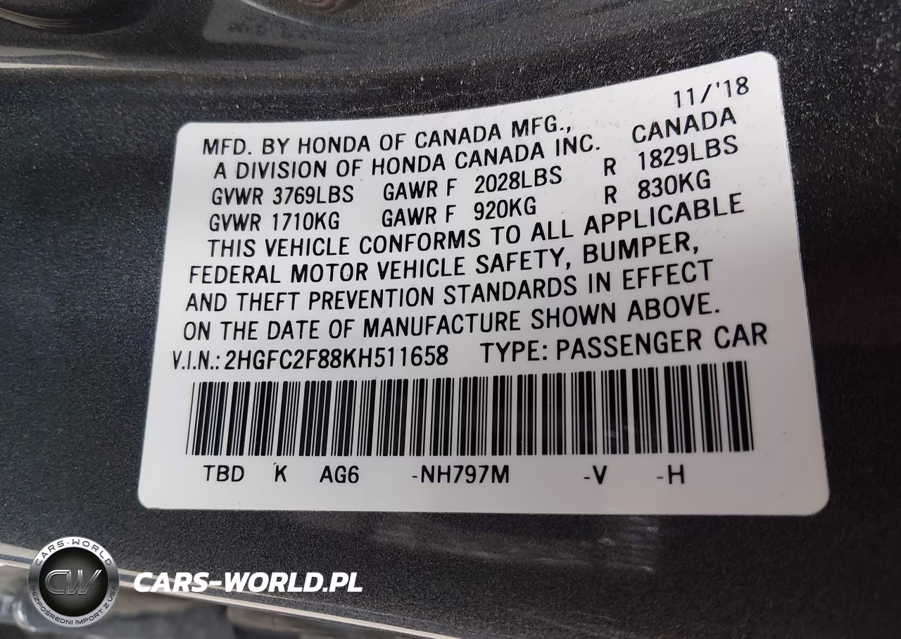 2019 Honda Civic Sport VIN:2HGFC2F88KH511658 - 9