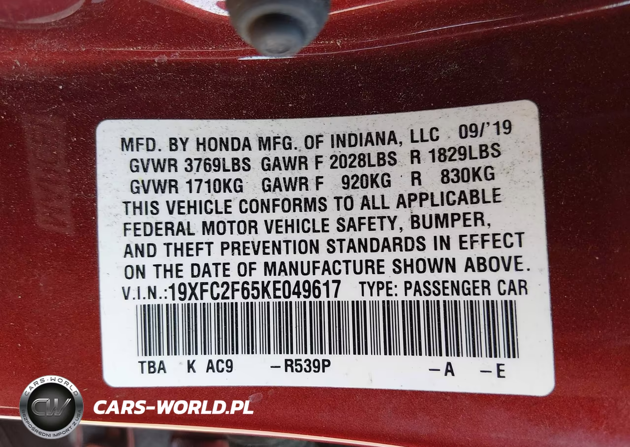 2019 Honda Civic Lx VIN:19XFC2F65KE049617 - 9