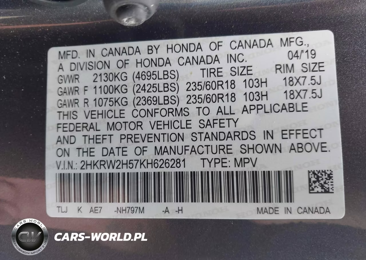 2019 Honda Cr-V Ex VIN:2HKRW2H57KH626281 - 9