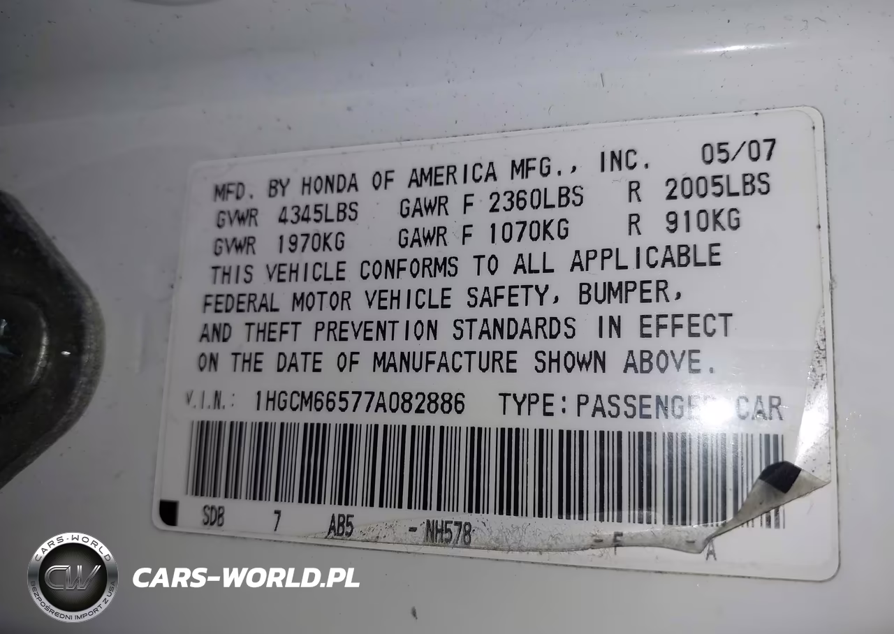 2007 Honda Accord 3.0 Ex VIN:1HGCM66577A082886 - 9