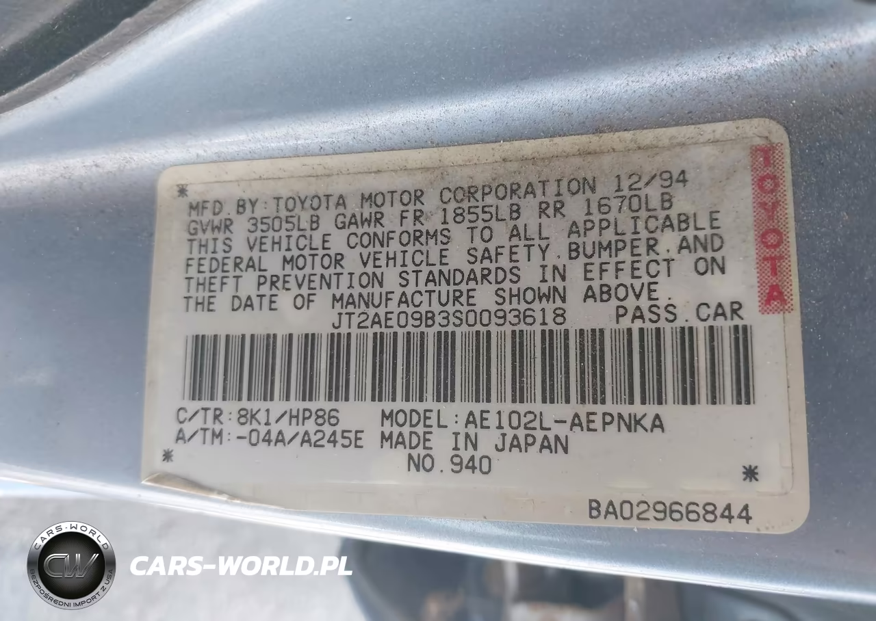 1995 Toyota Corolla Le-Dx VIN:JT2AE09B3S0093618 - 9