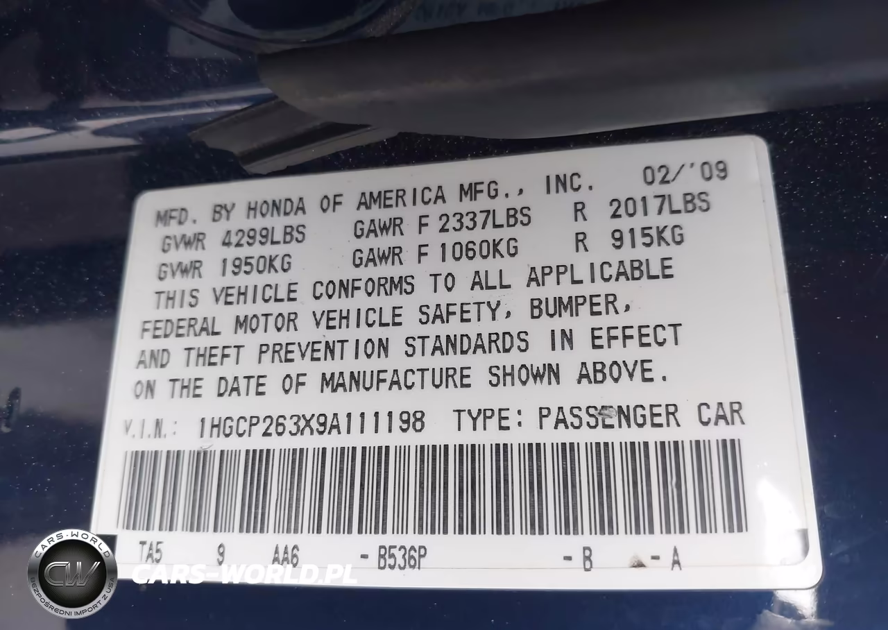 2009 Honda Accord 2.4 Lx VIN:1HGCP263X9A111198 - 9