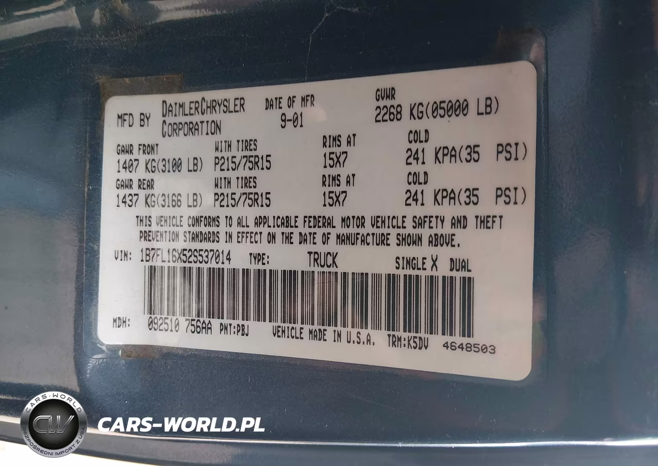 2002 Dodge Dakota VIN:1B7FL16X52S537014 - 9