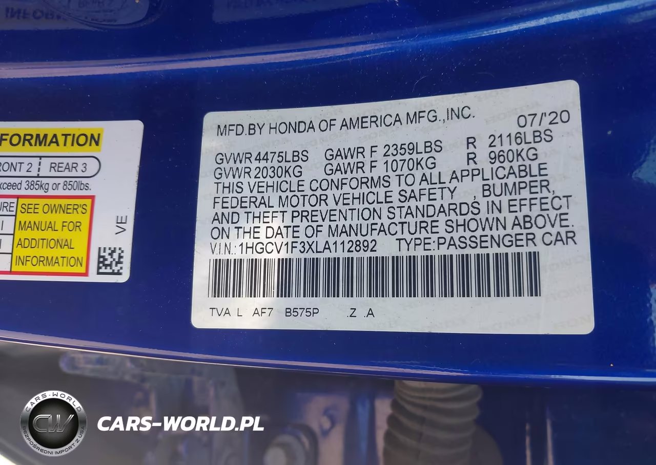 2020 Honda Accord Sport VIN:1HGCV1F3XLA112892 - 9