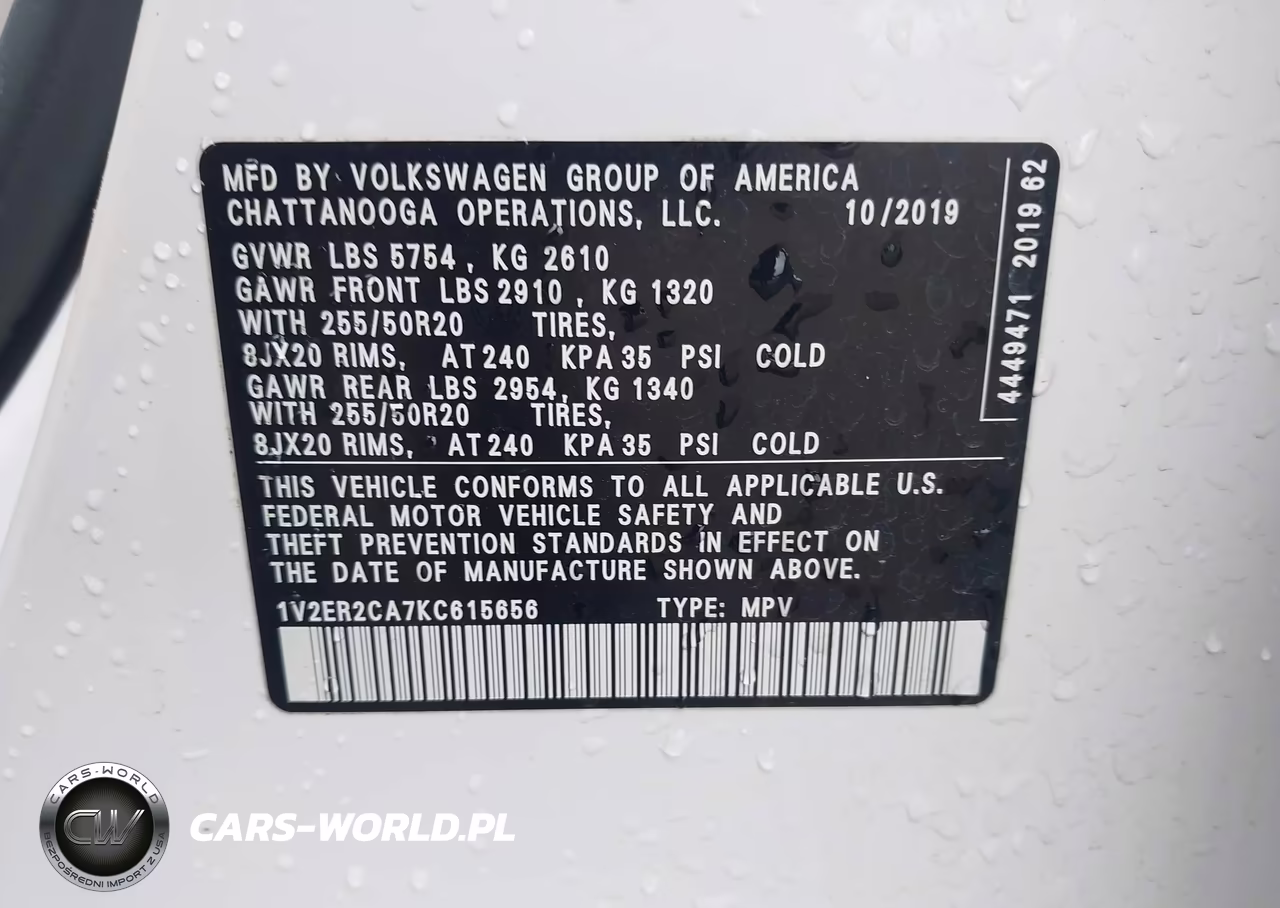 2019 Volkswagen Atlas 3.6L V6 Sel VIN:1V2ER2CA7KC615656 - 9
