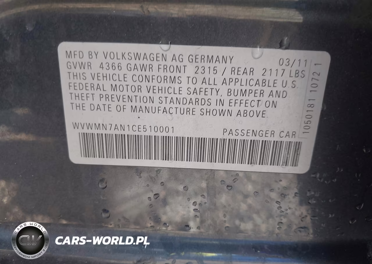 2012 Volkswagen Cc Sport VIN:WVWMN7AN1CE510001 - 9