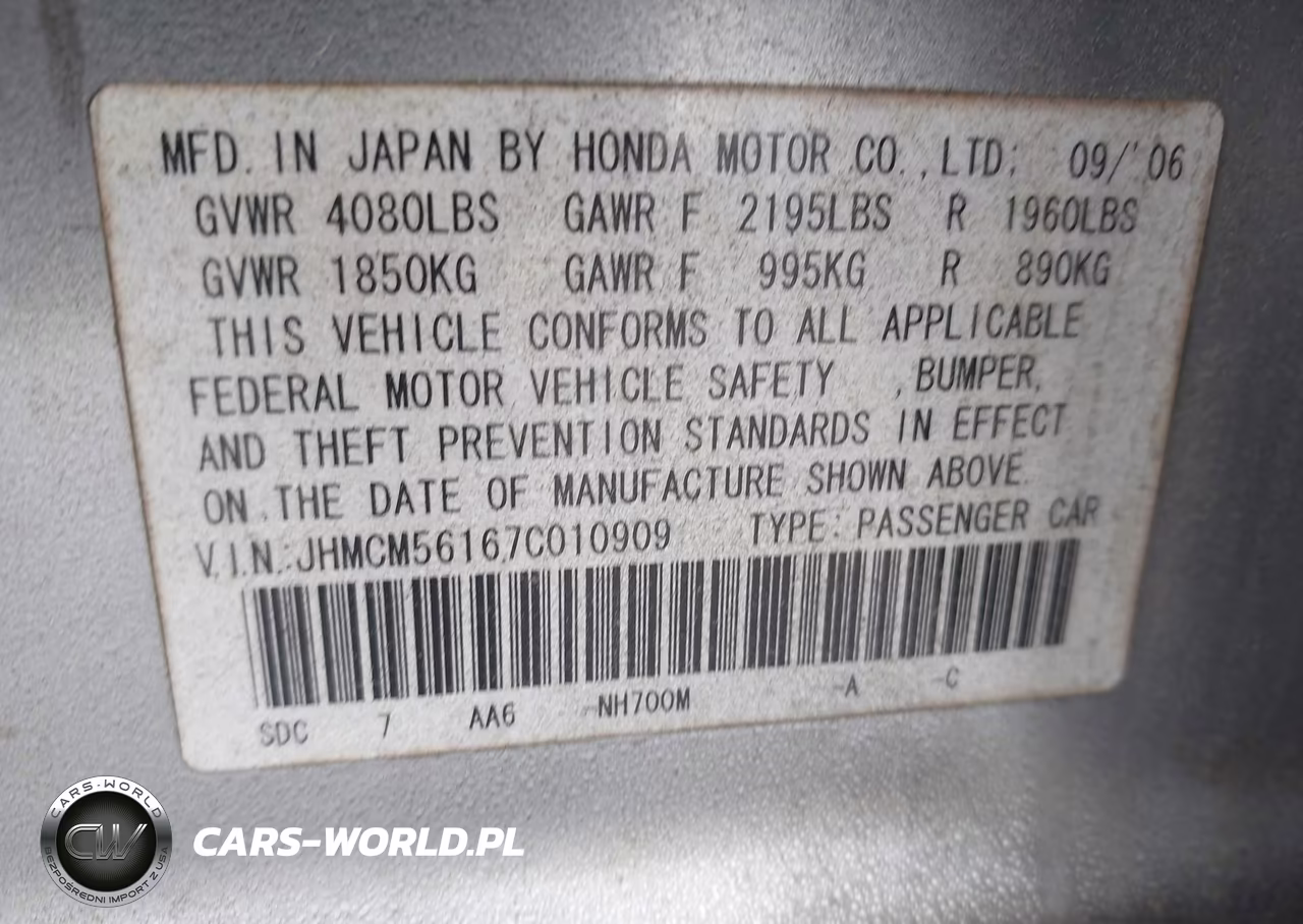 2007 Honda Accord 2.4 Vp VIN:JHMCM56167C010909 - 9