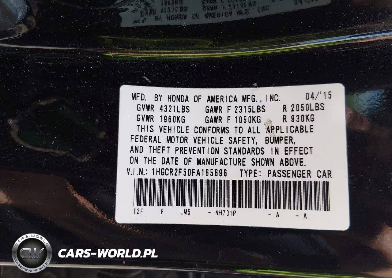 2015 Honda Accord Sport VIN:1HGCR2F50FA165696 - 9