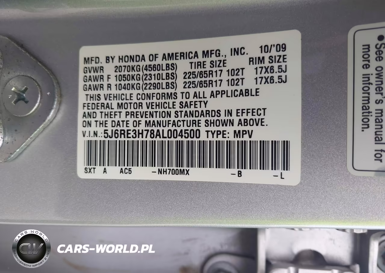 HONDA CR-V EXL VIN:5J6RE3H78AL004500 - 9