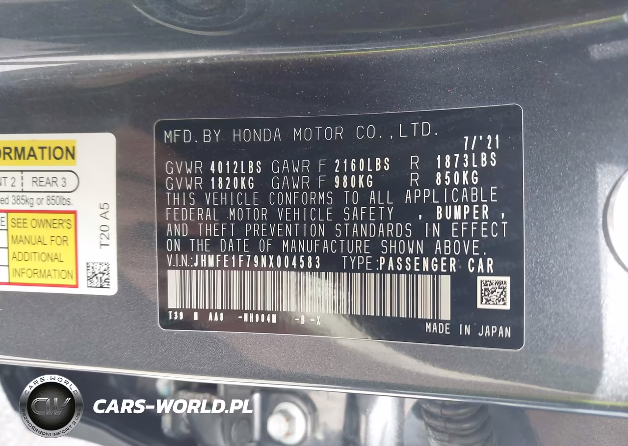 2022 Honda Civic Ex VIN:JHMFE1F79NX004583 - 9
