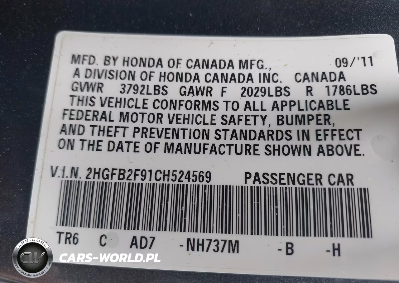 2012 Honda Civic Ex-L VIN:2HGFB2F91CH524569 - 9