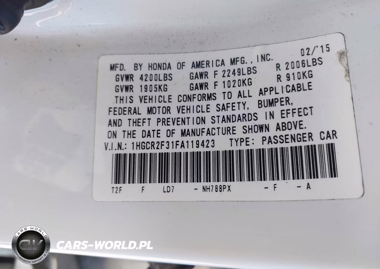 2015 Honda Accord Lx VIN:1HGCR2F31FA119423 - 9