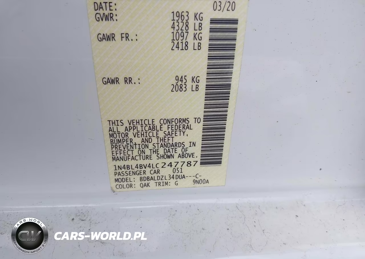 2020 Nissan Altima S Fwd VIN:1N4BL4BV4LC247787 - 9
