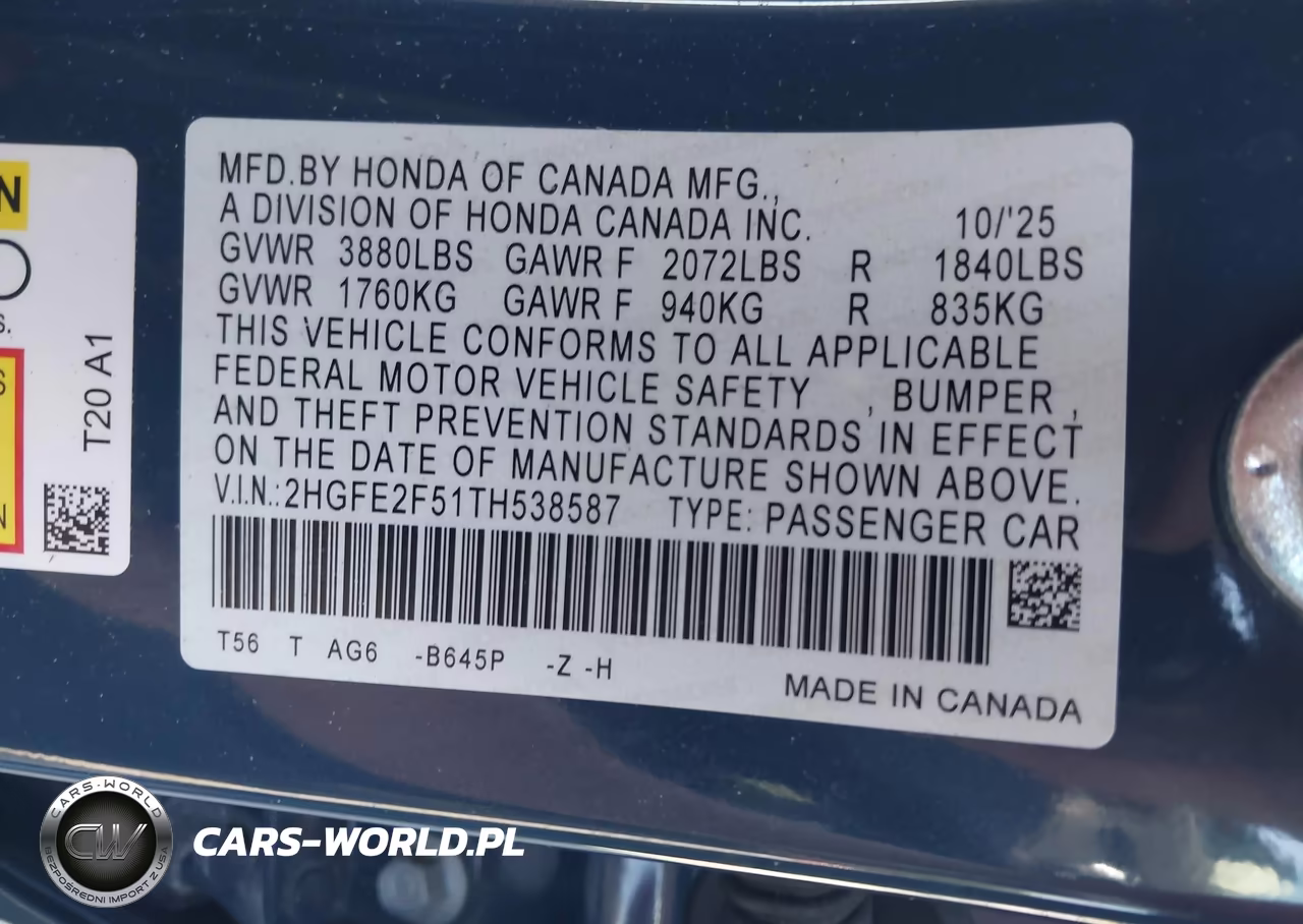 2026 Honda Civic Sport VIN:2HGFE2F51TH538587 - 9