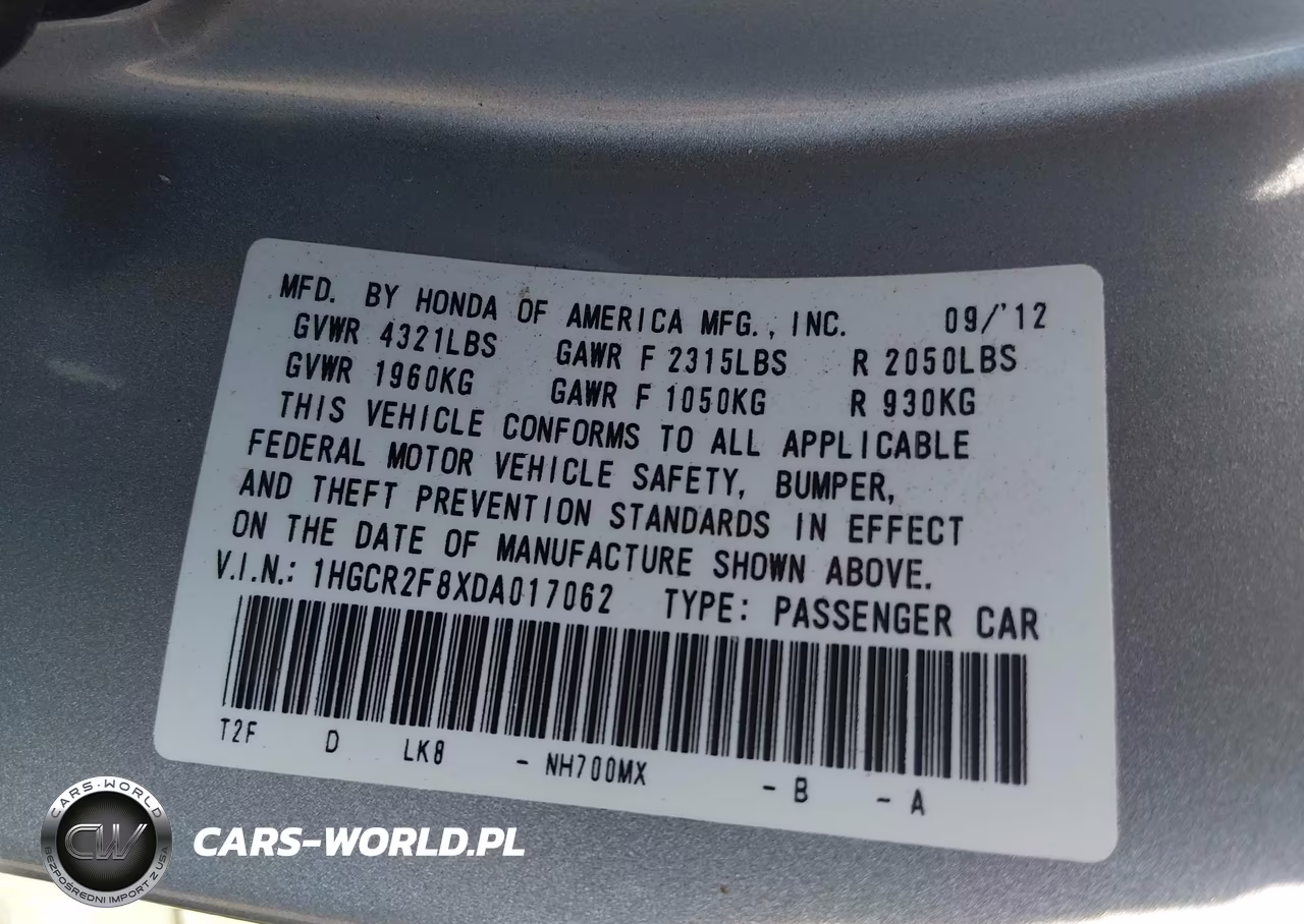 2013 Honda Accord Ex-L VIN:1HGCR2F8XDA017062 - 9
