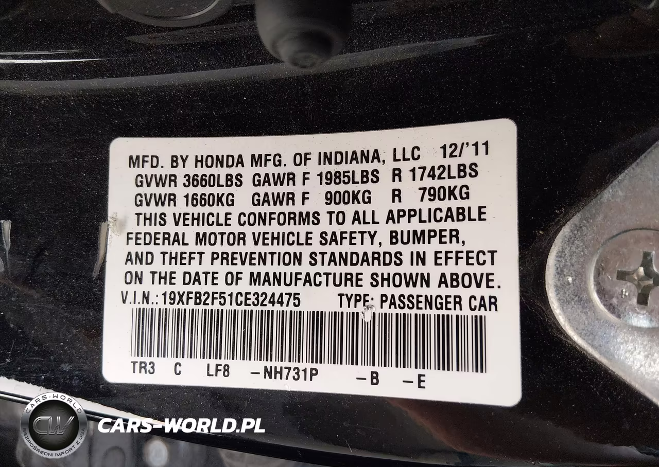 2012 Honda Civic Lx VIN:19XFB2F51CE324475 - 9