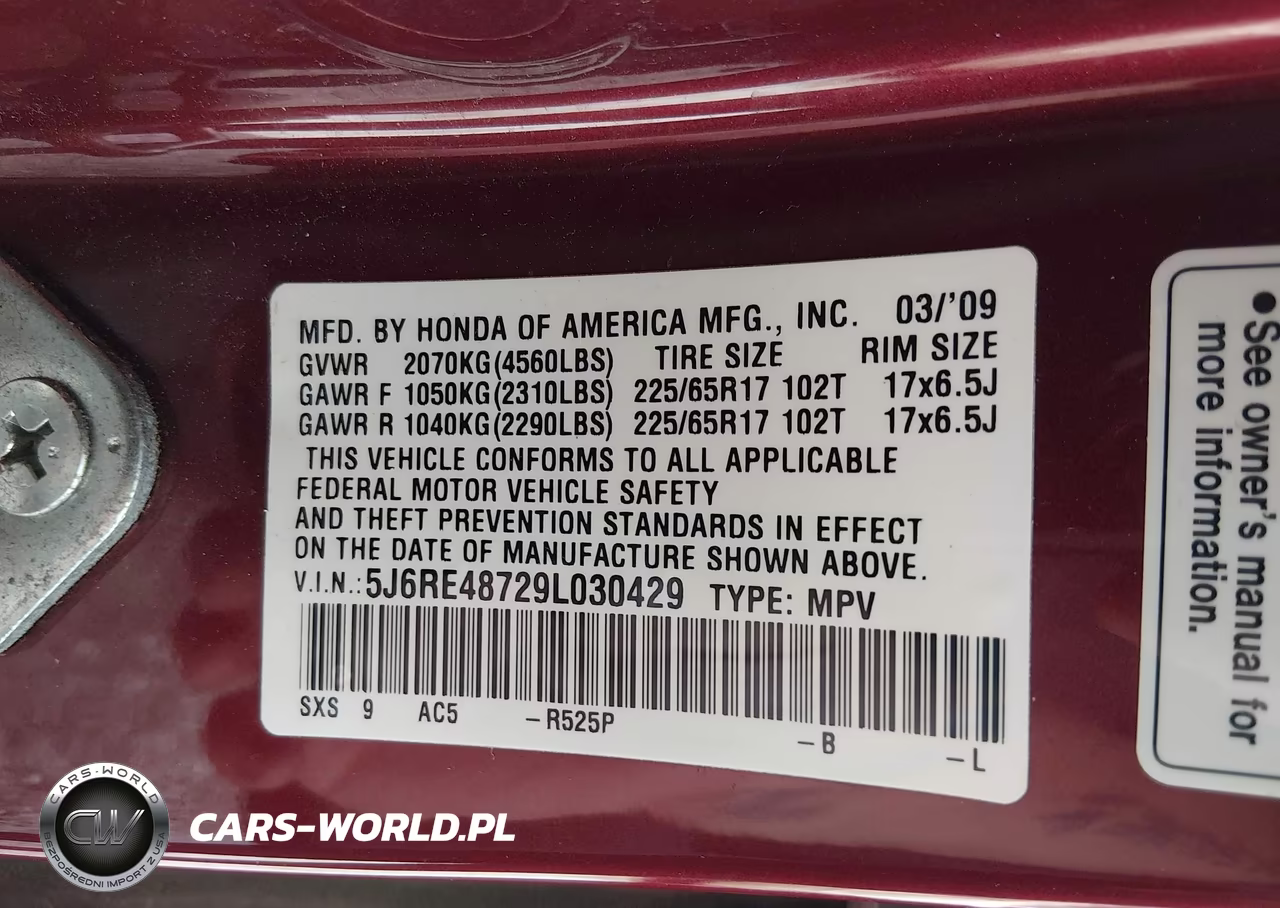 2009 Honda Cr-V Ex-L VIN:5J6RE48729L030429 - 9