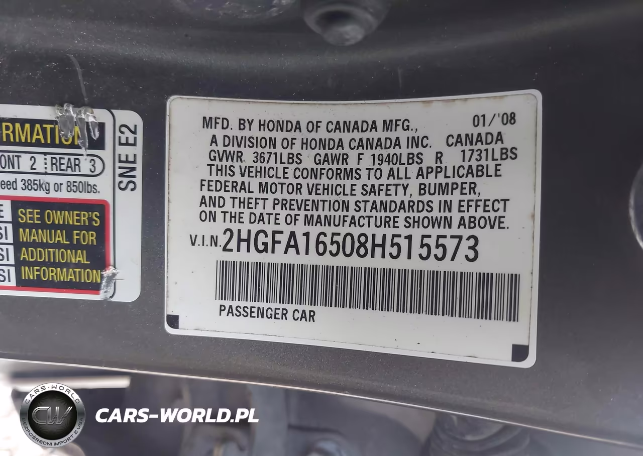 2008 Honda Civic Lx VIN:2HGFA16508H515573 - 9