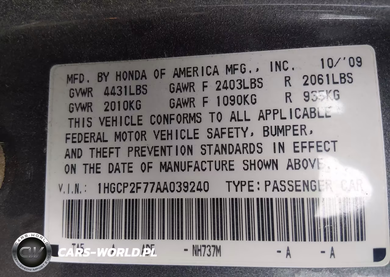 2010 Honda Accord 2.4 Ex VIN:1HGCP2F77AA039240 - 9