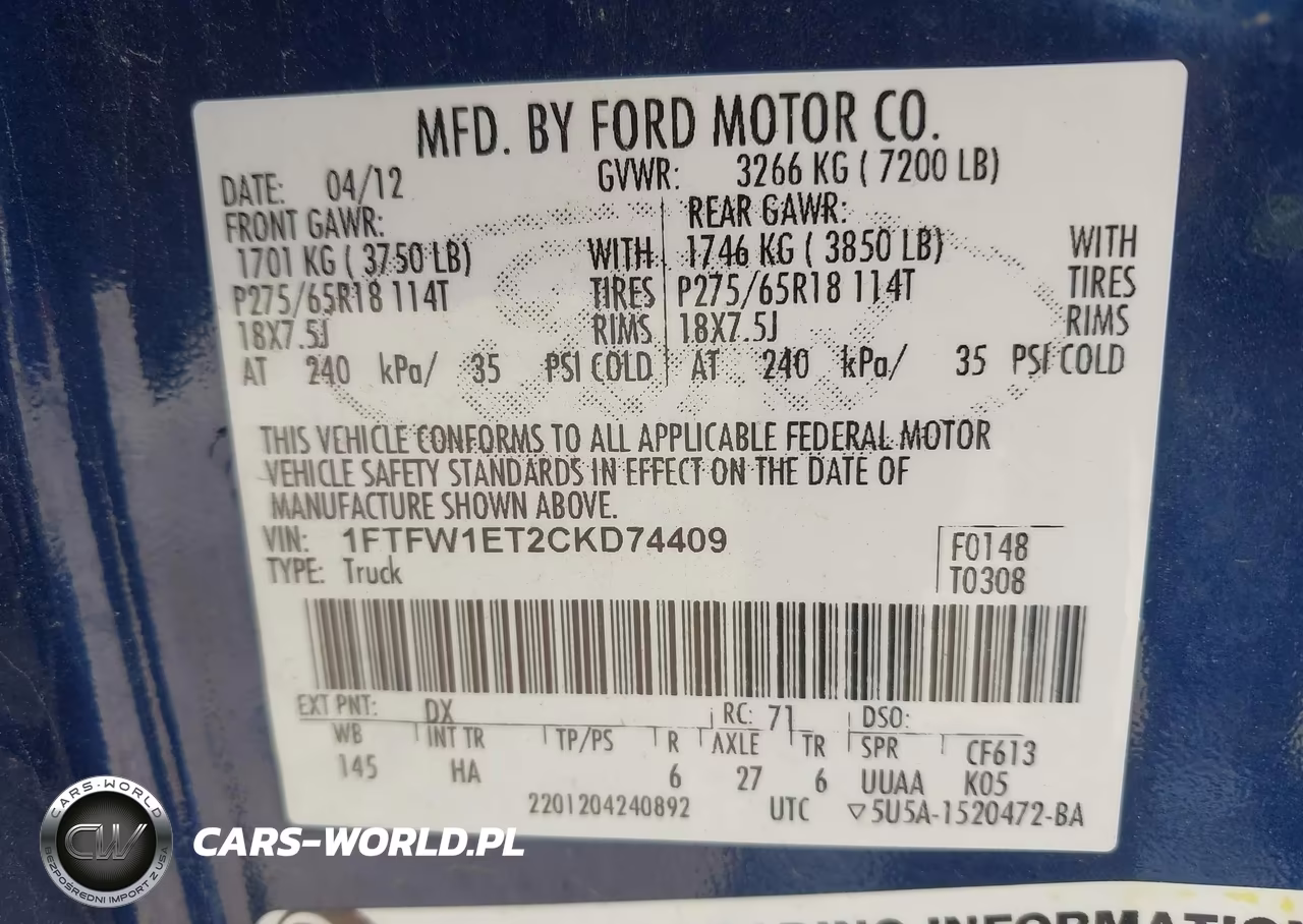 2012 Ford F-150 Lariat VIN:1FTFW1ET2CKD74409 - 9