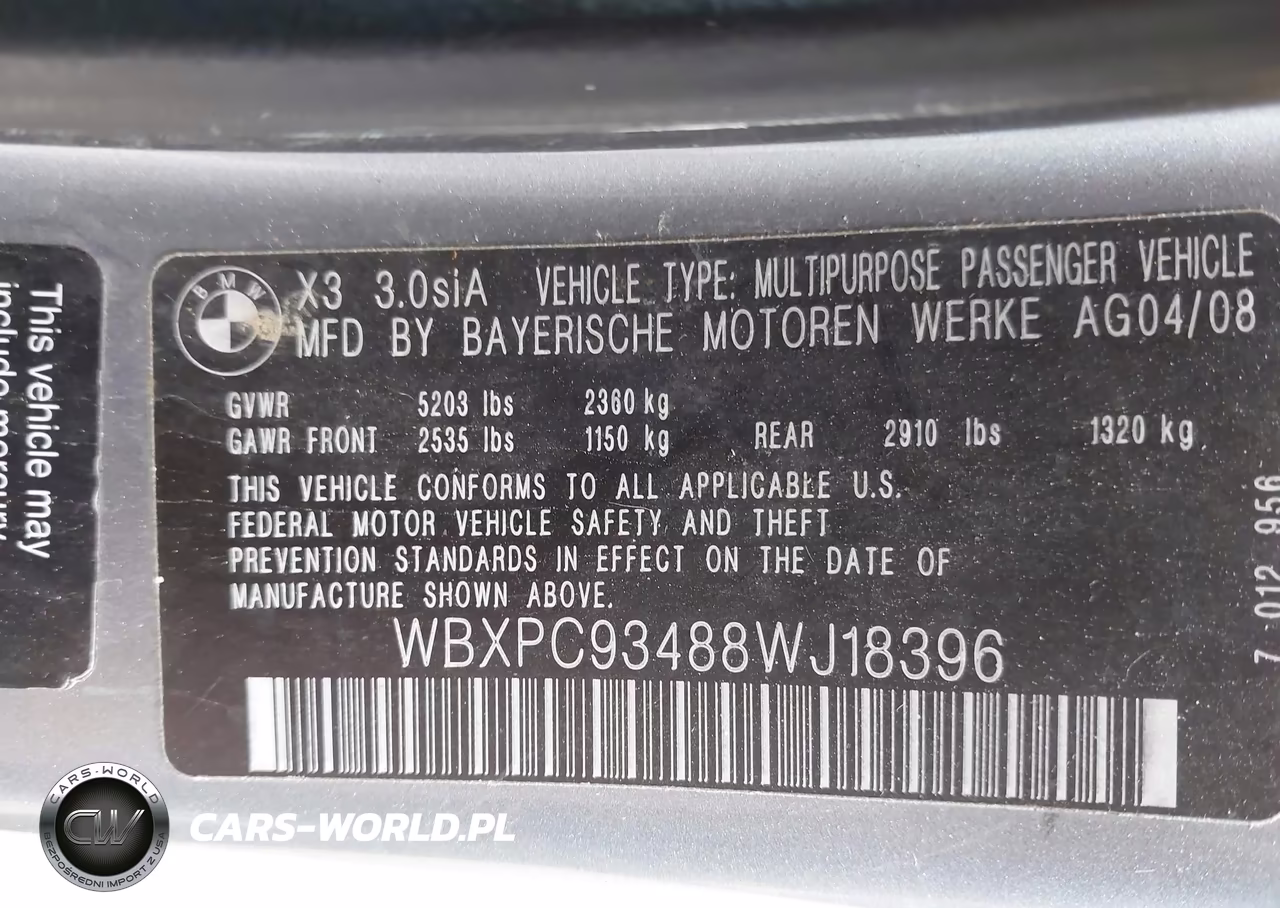 2008 BMW X3 3.0Si VIN:WBXPC93488WJ18396 - 9