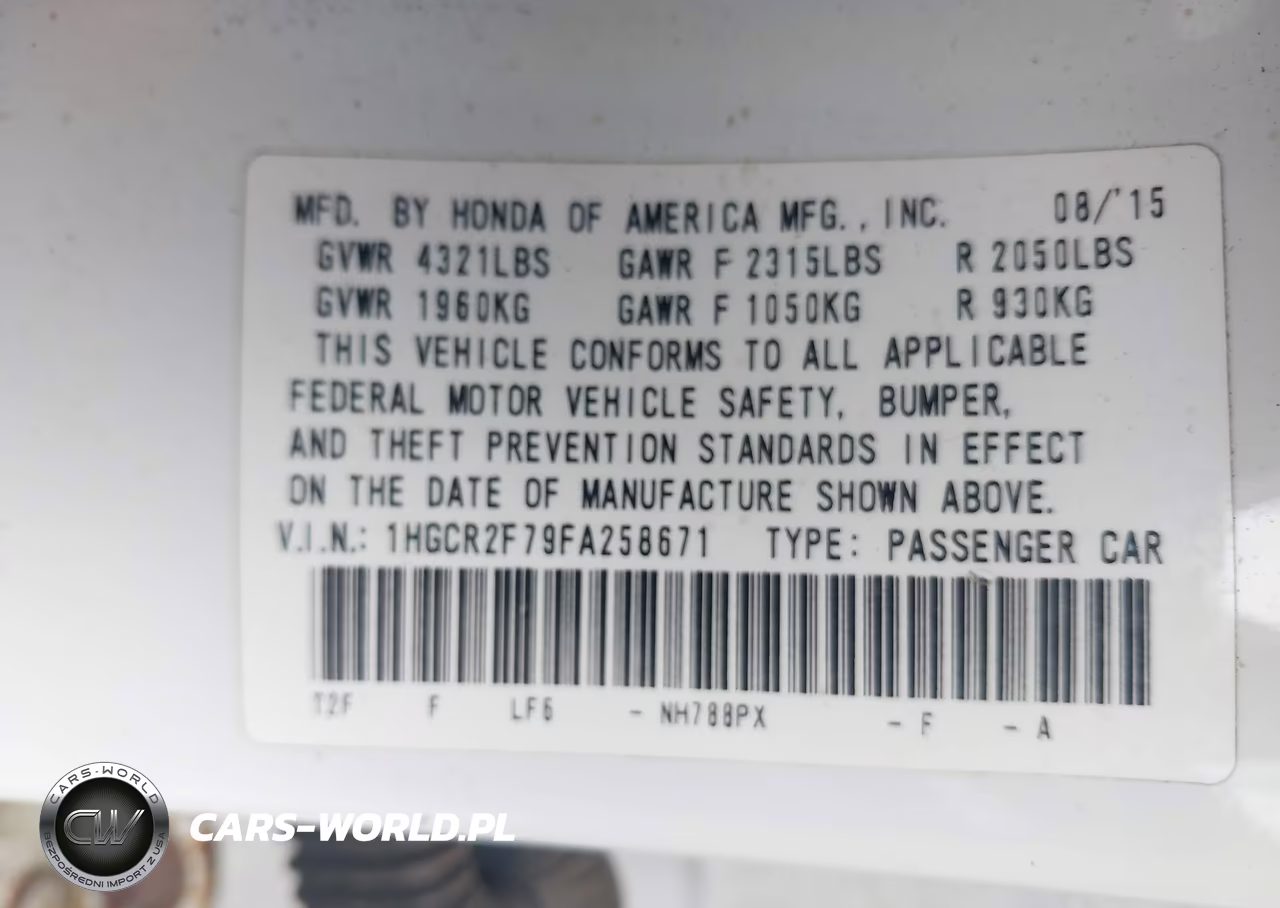2015 Honda Accord Ex VIN:1HGCR2F79FA258671 - 9