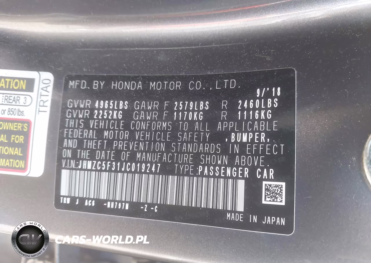 2018 Honda Clarity Plug-In Hybrid Touring VIN:JHMZC5F31JC019247 - 9