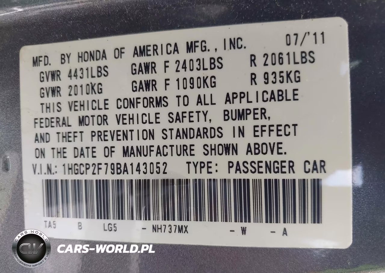 2011 Honda Accord 2.4 Ex VIN:1HGCP2F79BA143052 - 9