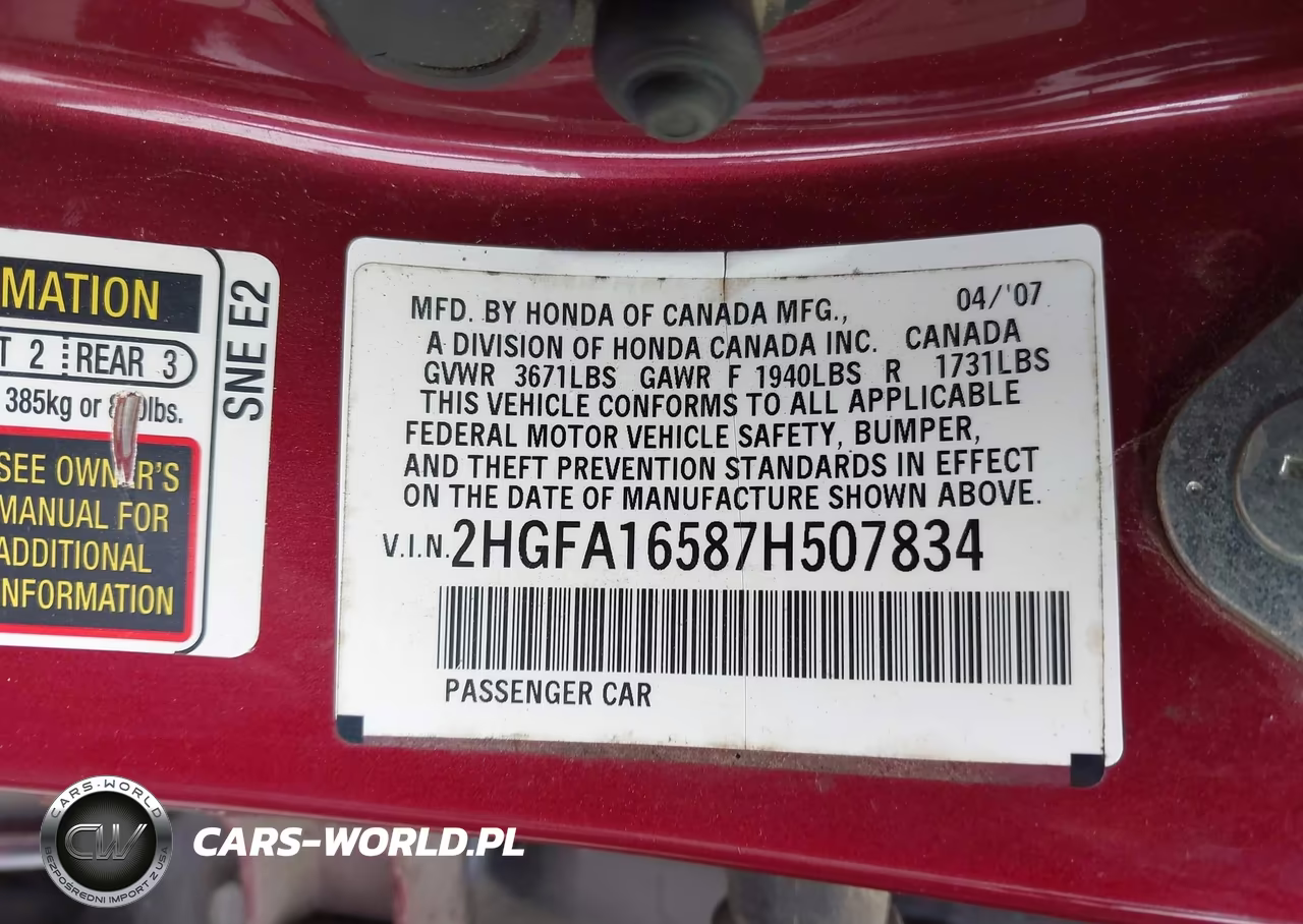 2007 Honda Civic Lx VIN:2HGFA16587H507834 - 9