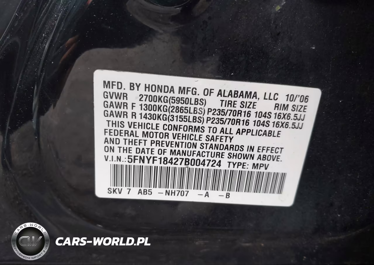 2007 Honda Pilot Ex VIN:5FNYF18427B004724 - 9