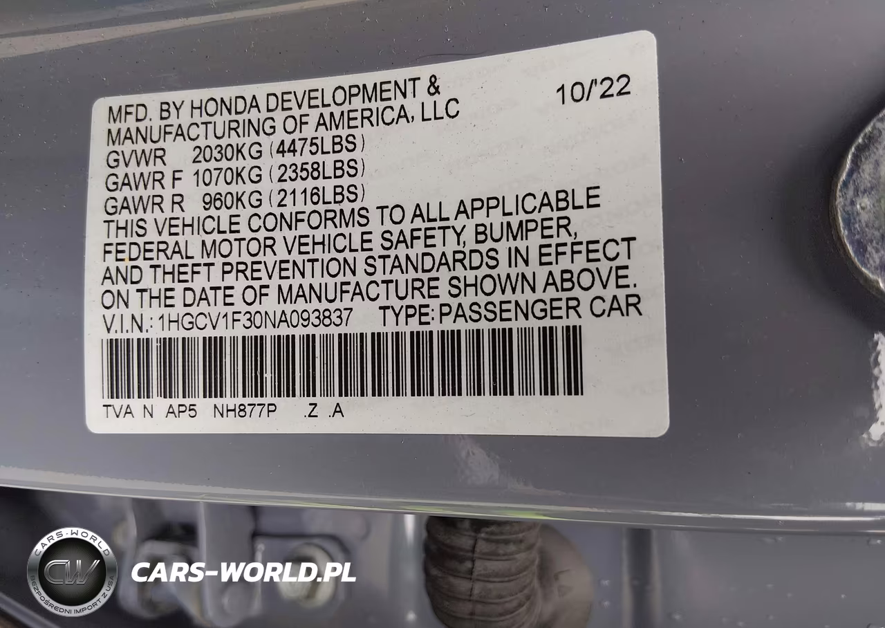 2022 Honda Accord Sport VIN:1HGCV1F30NA093837 - 9