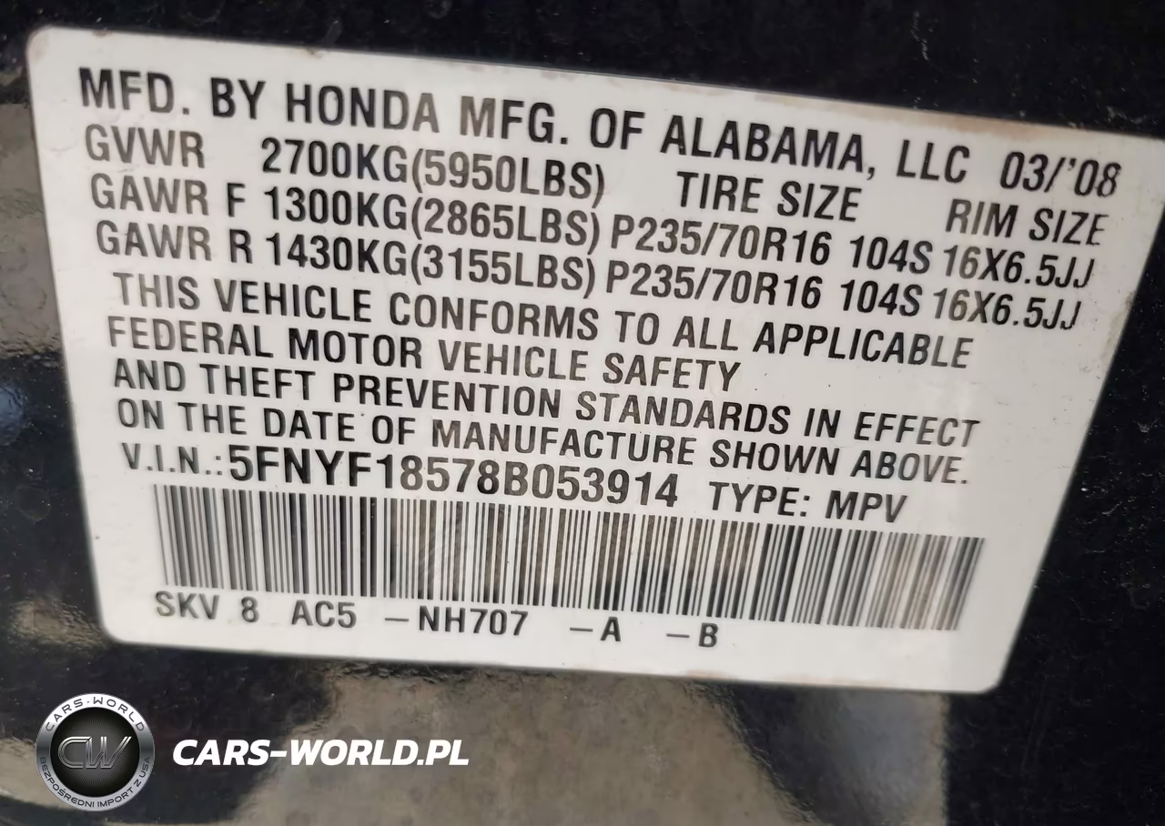 2008 Honda Pilot Ex-L VIN:5FNYF18578B053914 - 9