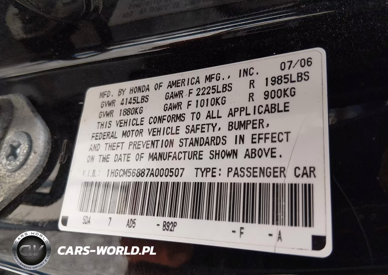 2007 Honda Accord 2.4 Ex VIN:1HGCM56887A000507 - 9