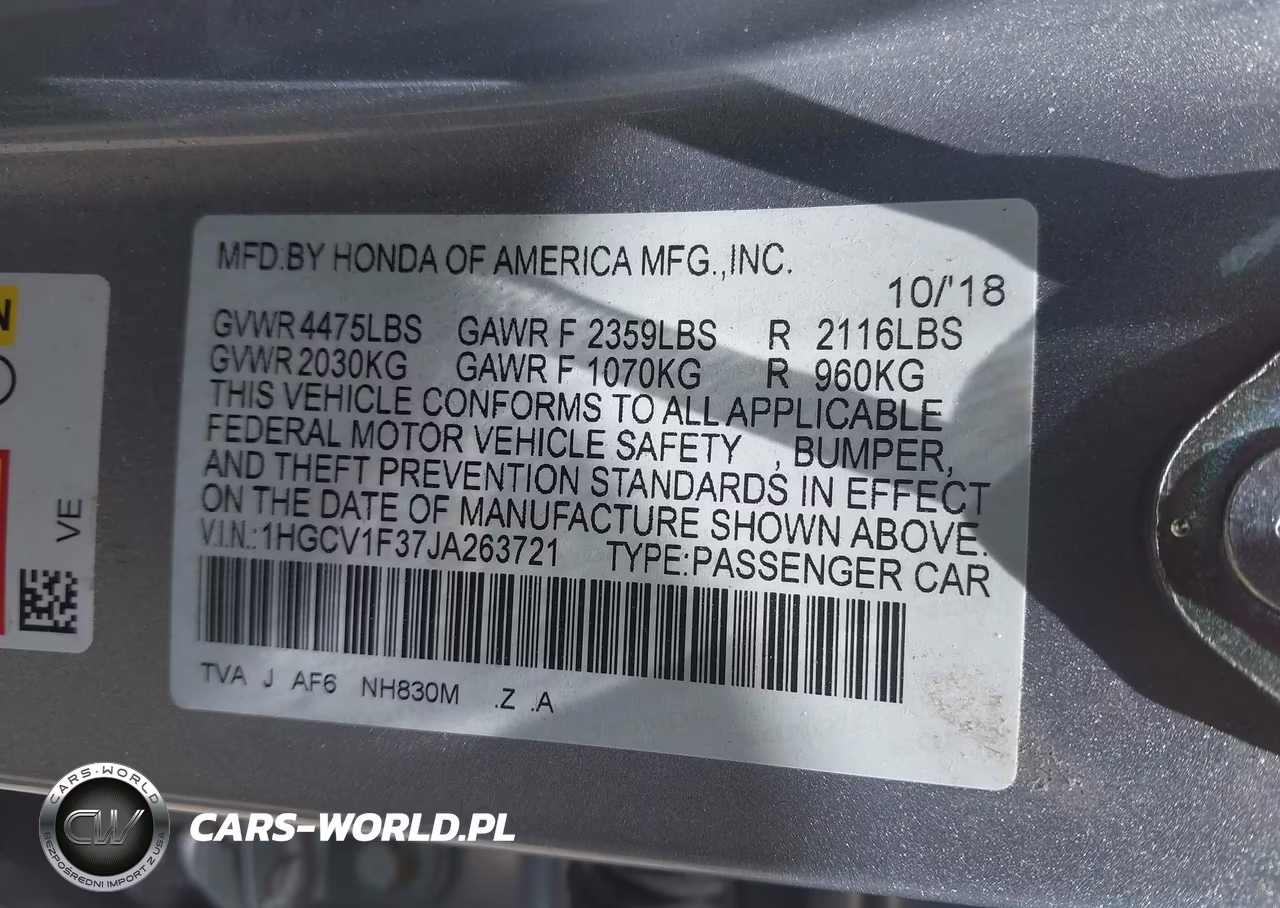 2018 Honda Accord Sport VIN:1HGCV1F37JA263721 - 9