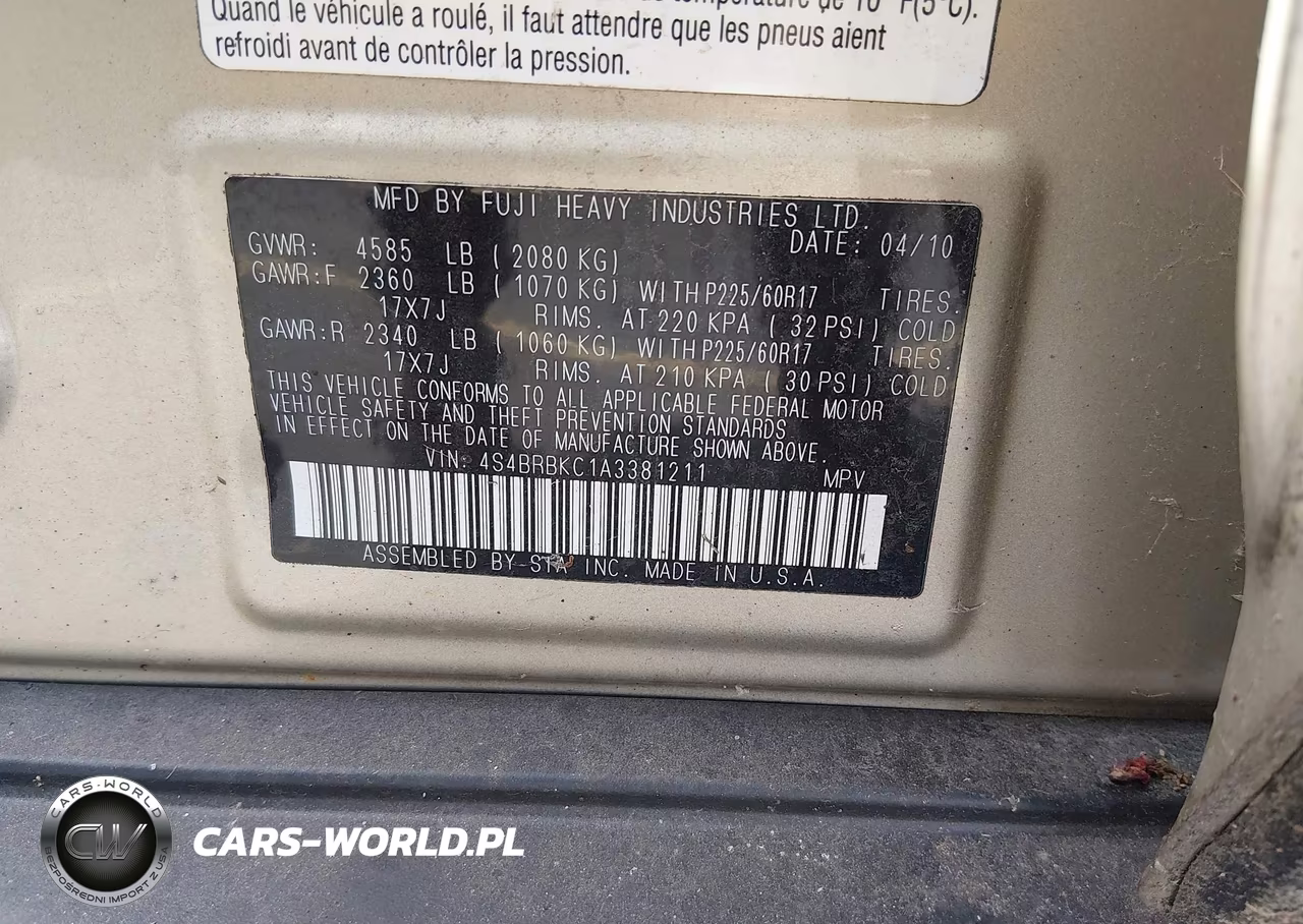 2010 Subaru Outback 2.5I Limited VIN:4S4BRBKC1A3381211 - 9