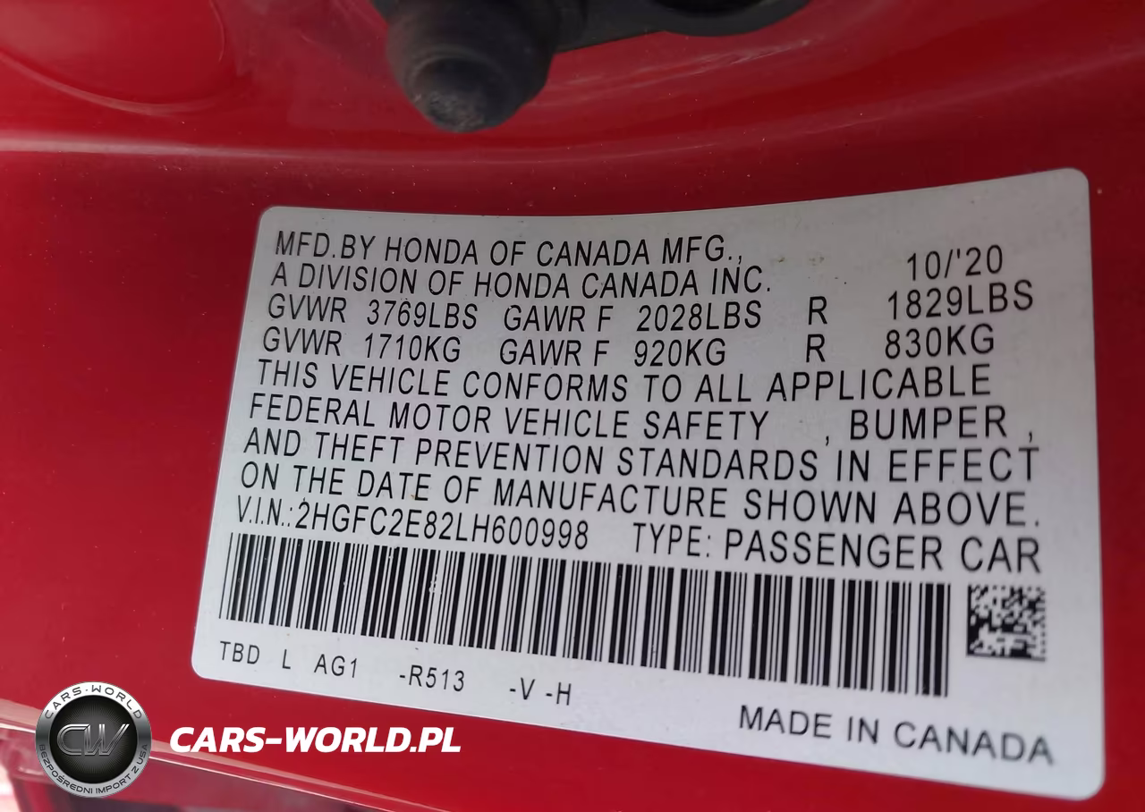 2020 Honda Civic Sport VIN:2HGFC2E82LH600998 - 9