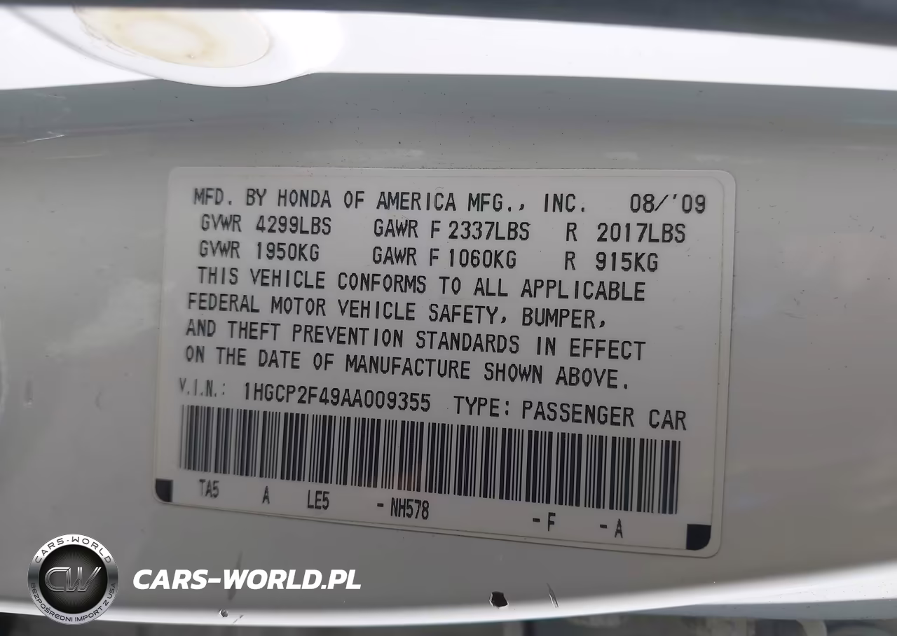 2010 Honda Accord 2.4 Lx-P VIN:1HGCP2F49AA009355 - 9