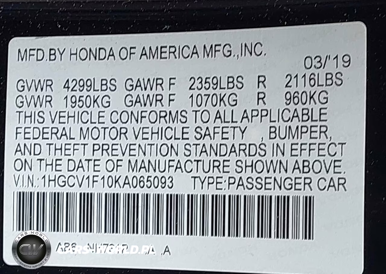 2019 Honda Accord Lx VIN:1HGCV1F10KA065093 - 9