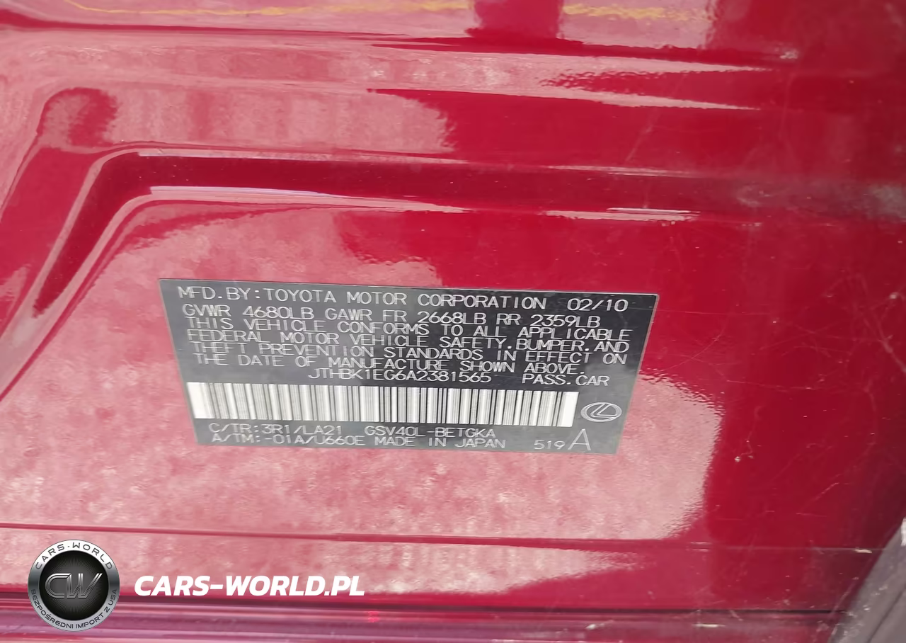 2010 Lexus Es 350 VIN:JTHBK1EG6A2381565 - 9