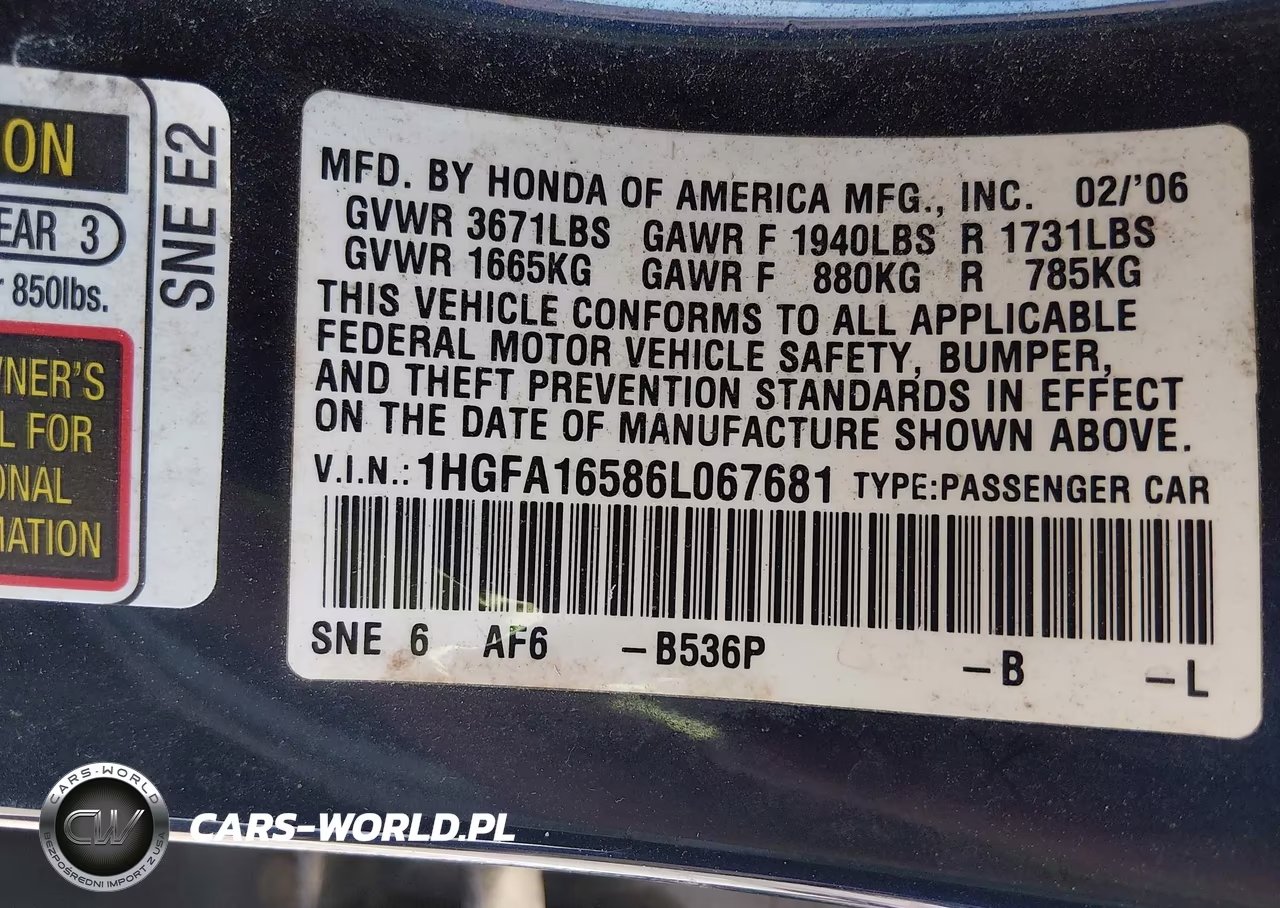 2006 Honda Civic Lx VIN:1HGFA16586L067681 - 9